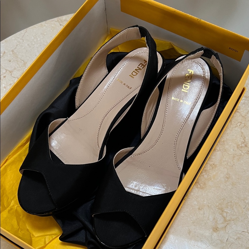 Authentic Fendi Black Peep-Toe Slingback Wedge Heels
